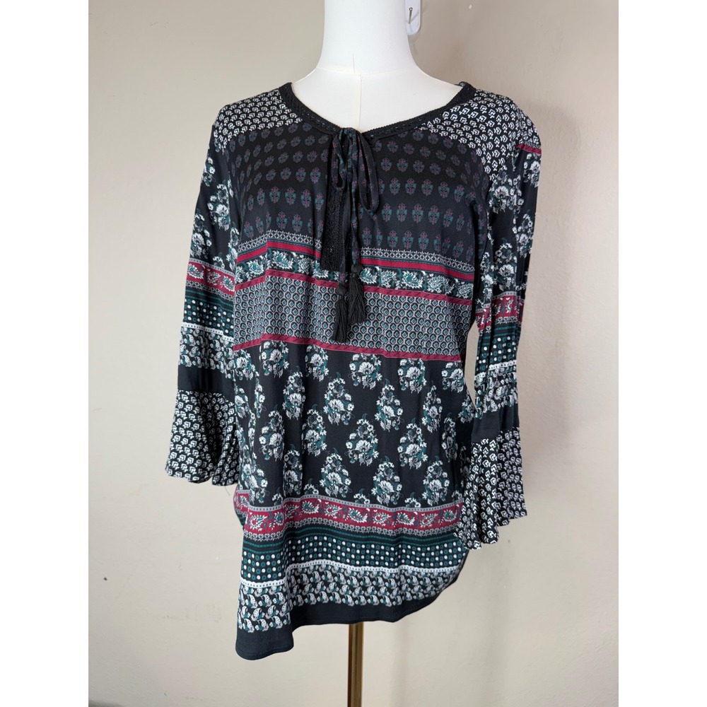 Tribal Womens Boho Patchwork Floral Tassel Tie Bell Sleeve Blouse Black PS